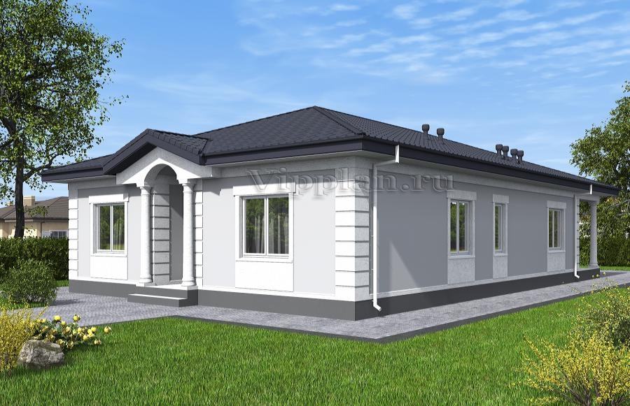 Одноэтажный дом с террасой, кухней-гостиной, кабинетом, гостевой и двумя спальнями